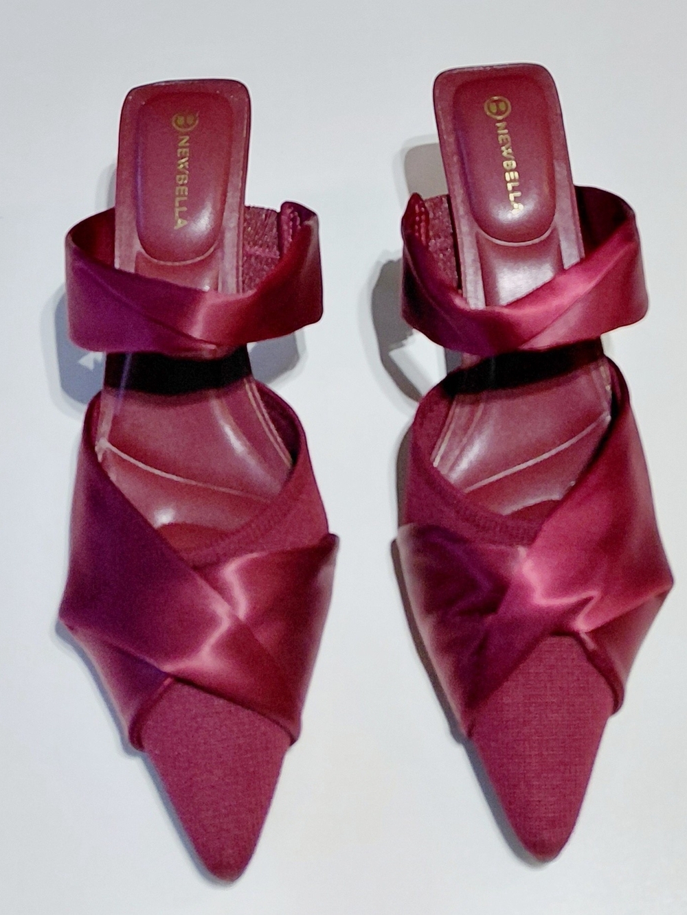 NEWBELLA Women's Burgundy Satin Pointed Toe Mid Heel Mule Size 9